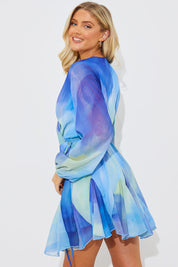 Blue Abstract Print Chiffon Wrap Godet Frill Mini Dress