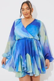 Blue Abstract Print Chiffon Wrap Godet Frill Mini Dress