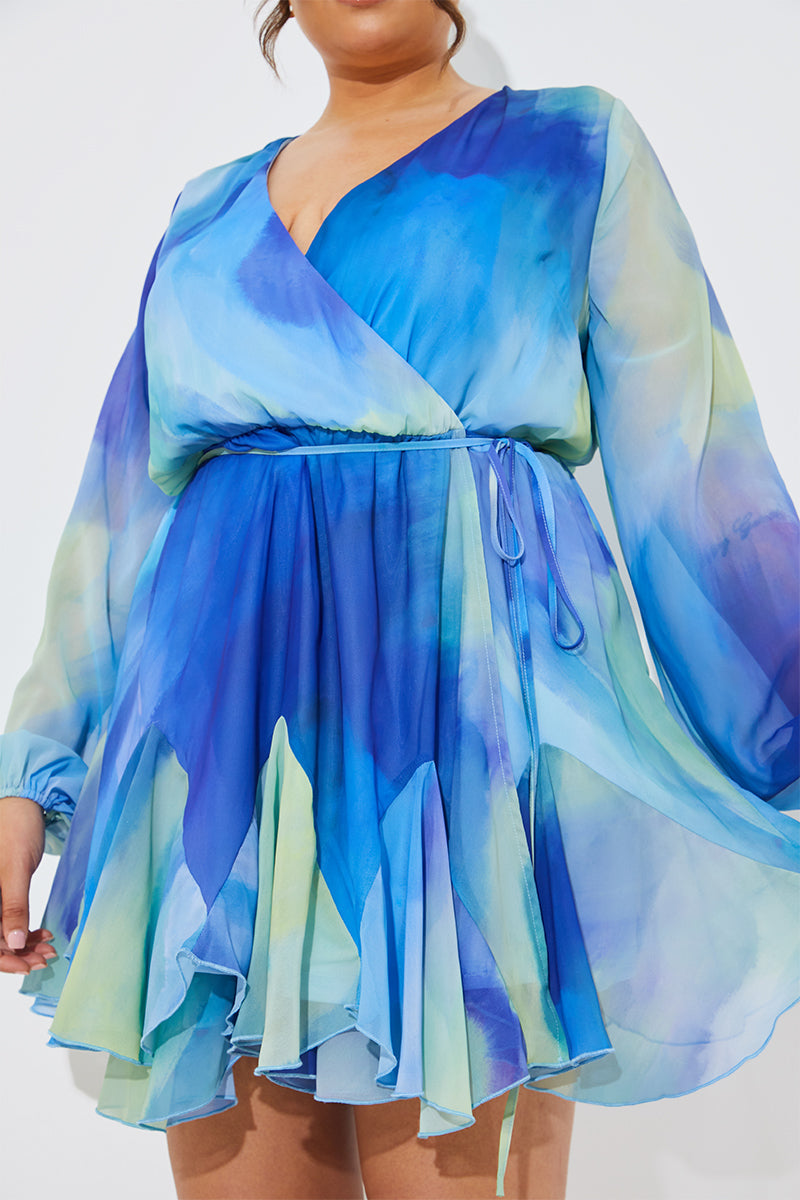 Blue Abstract Print Chiffon Wrap Godet Frill Mini Dress