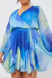 Blue Abstract Print Chiffon Wrap Godet Frill Mini Dress