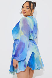 Blue Abstract Print Chiffon Wrap Godet Frill Mini Dress