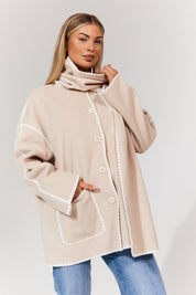 Scarf Detail Contrast Stitching Wool Blend Coat