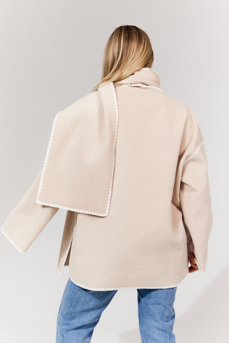 Scarf Detail Contrast Stitching Wool Blend Coat