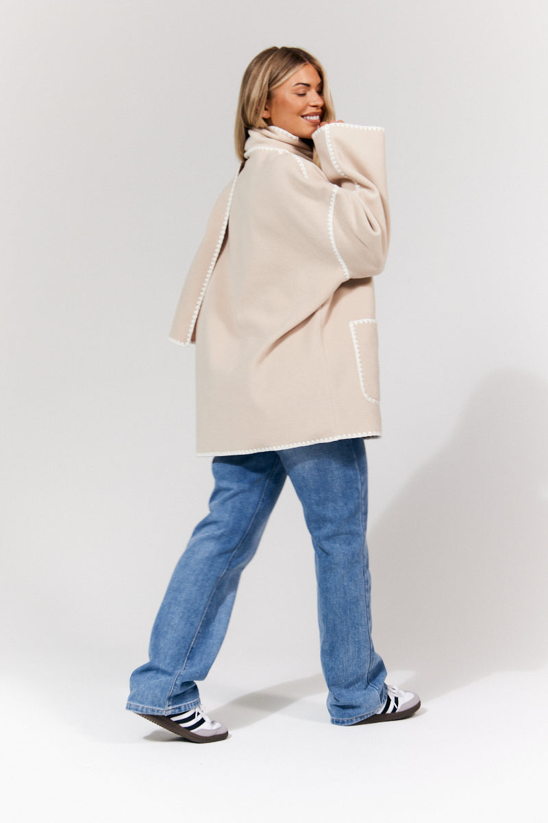 Scarf Detail Contrast Stitching Wool Blend Coat