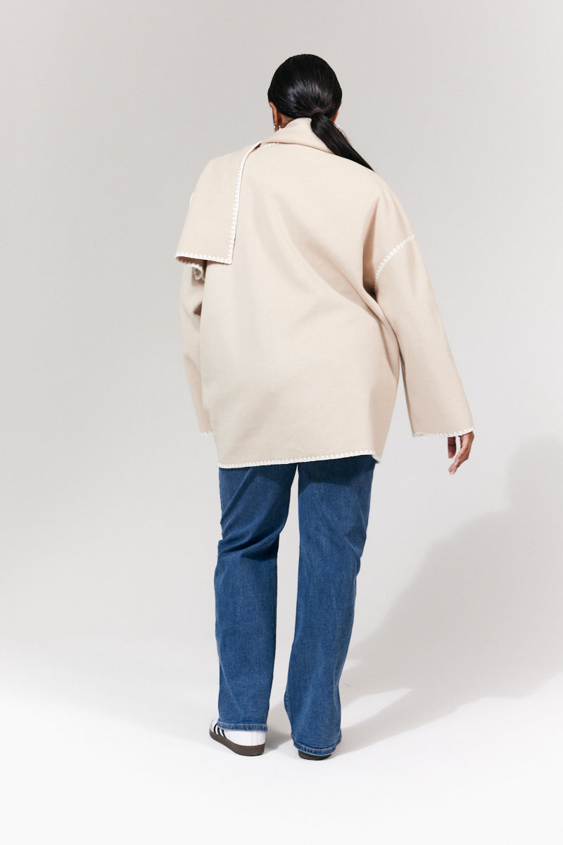 Scarf Detail Contrast Stitching Wool Blend Coat
