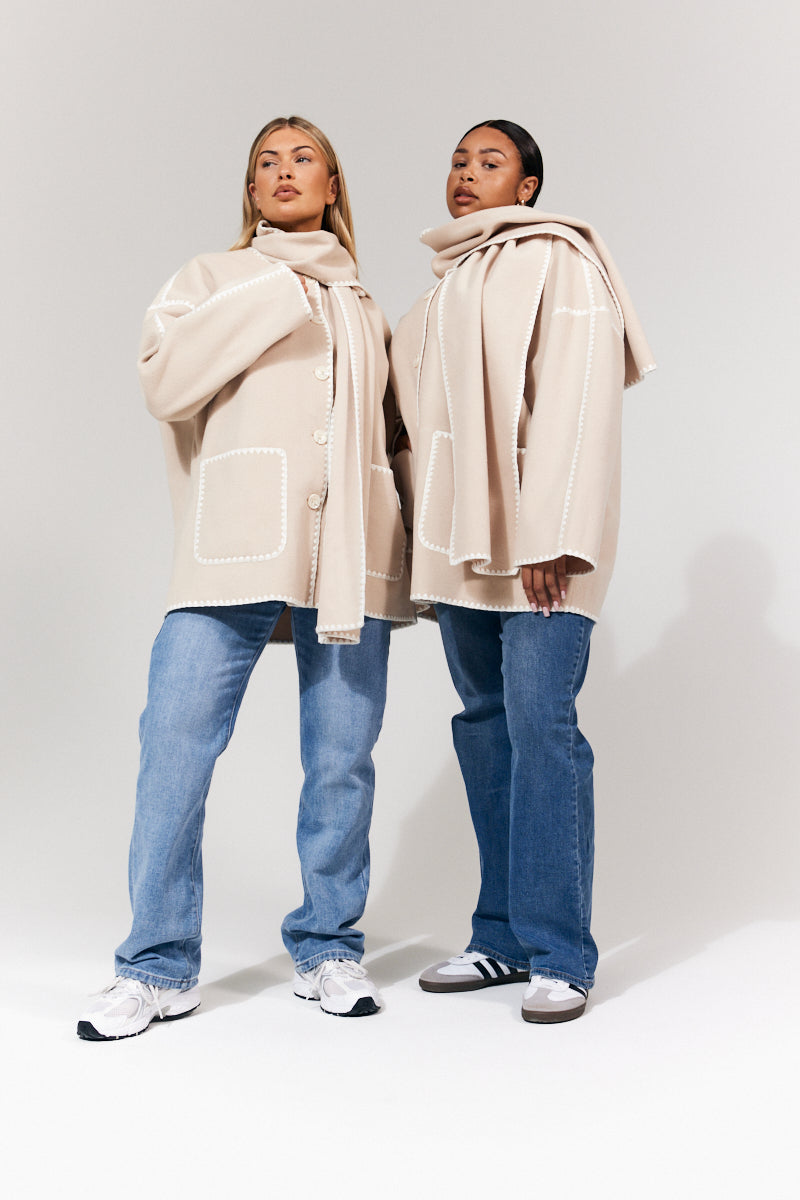 Scarf Detail Contrast Stitching Wool Blend Coat