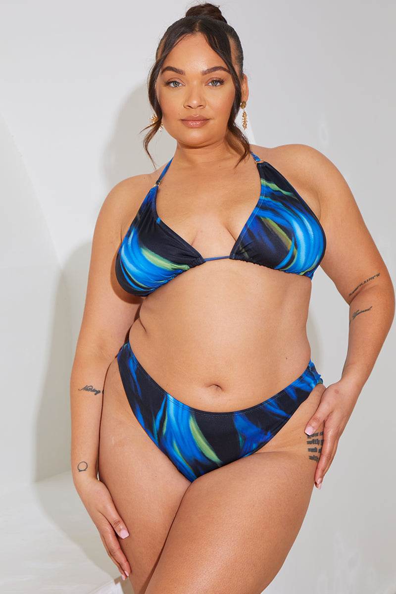 Abstract Print Triangle Gold Trim Bikini Top