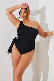 Textured Cut Out Side Detail One Shoulder Swimsuit
