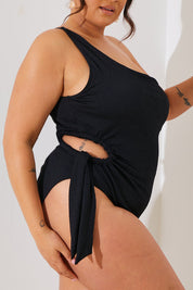 Textured Cut Out Side Detail One Shoulder Swimsuit