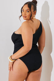 Textured Cut Out Side Detail One Shoulder Swimsuit