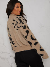 High Neck Animal Print Jumper in Cream
