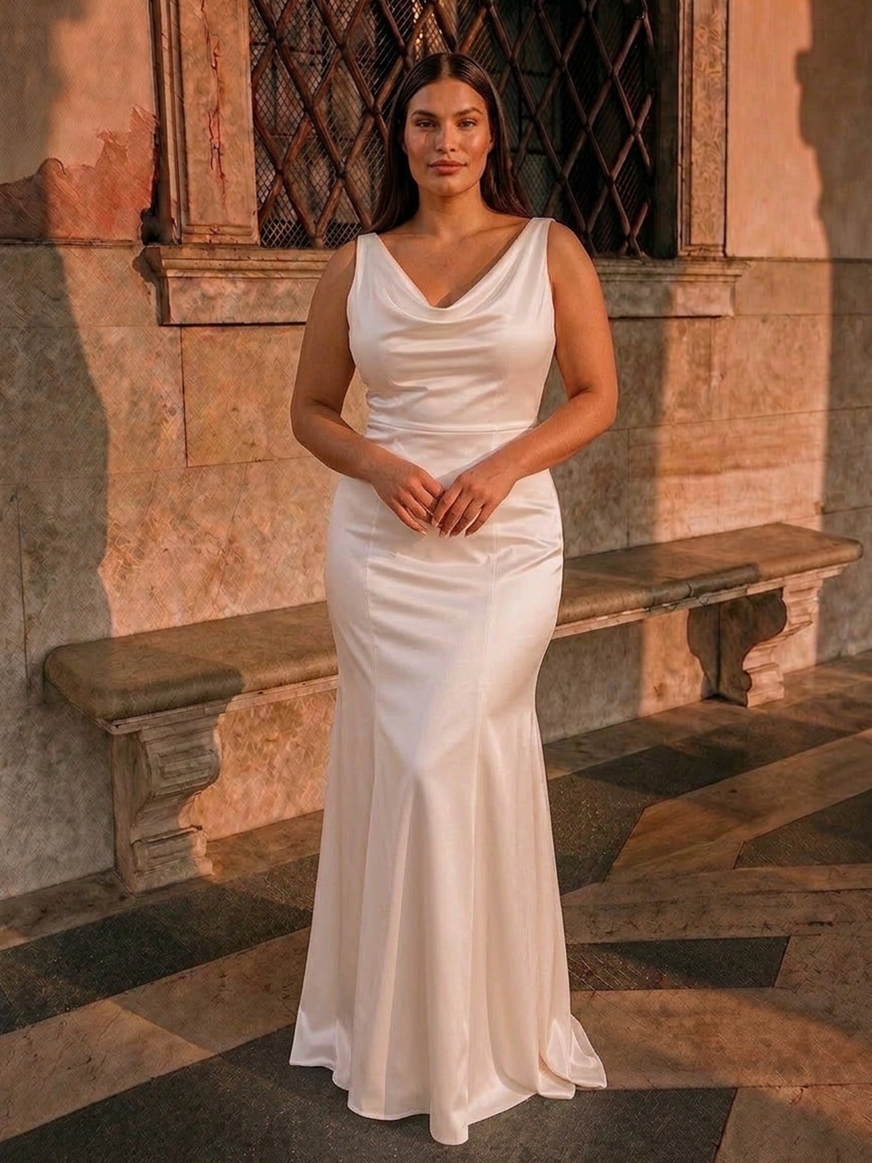 Plus Size Cowl Neck Bridal Dress in White