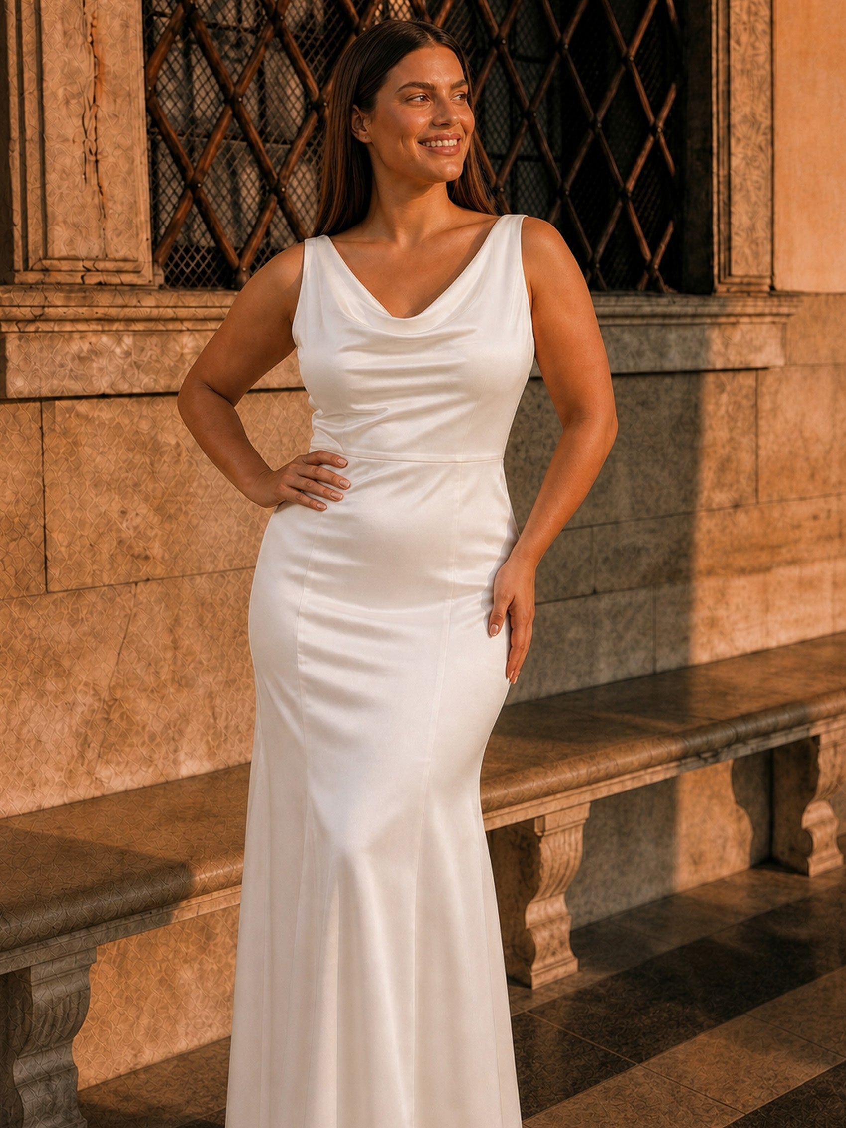 Plus Size Cowl Neck Bridal Dress in White