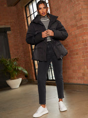 Shirred Waist Short Padded Jacket in Black