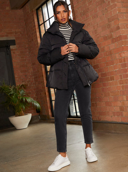 Shirred Waist Short Padded Jacket in Black | Chi Chi London UK