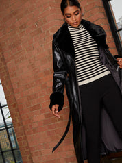 Faux Leather Longline Coat with Faux Fur Trim in Black