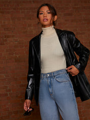 Faux Leather Blazer in Black
