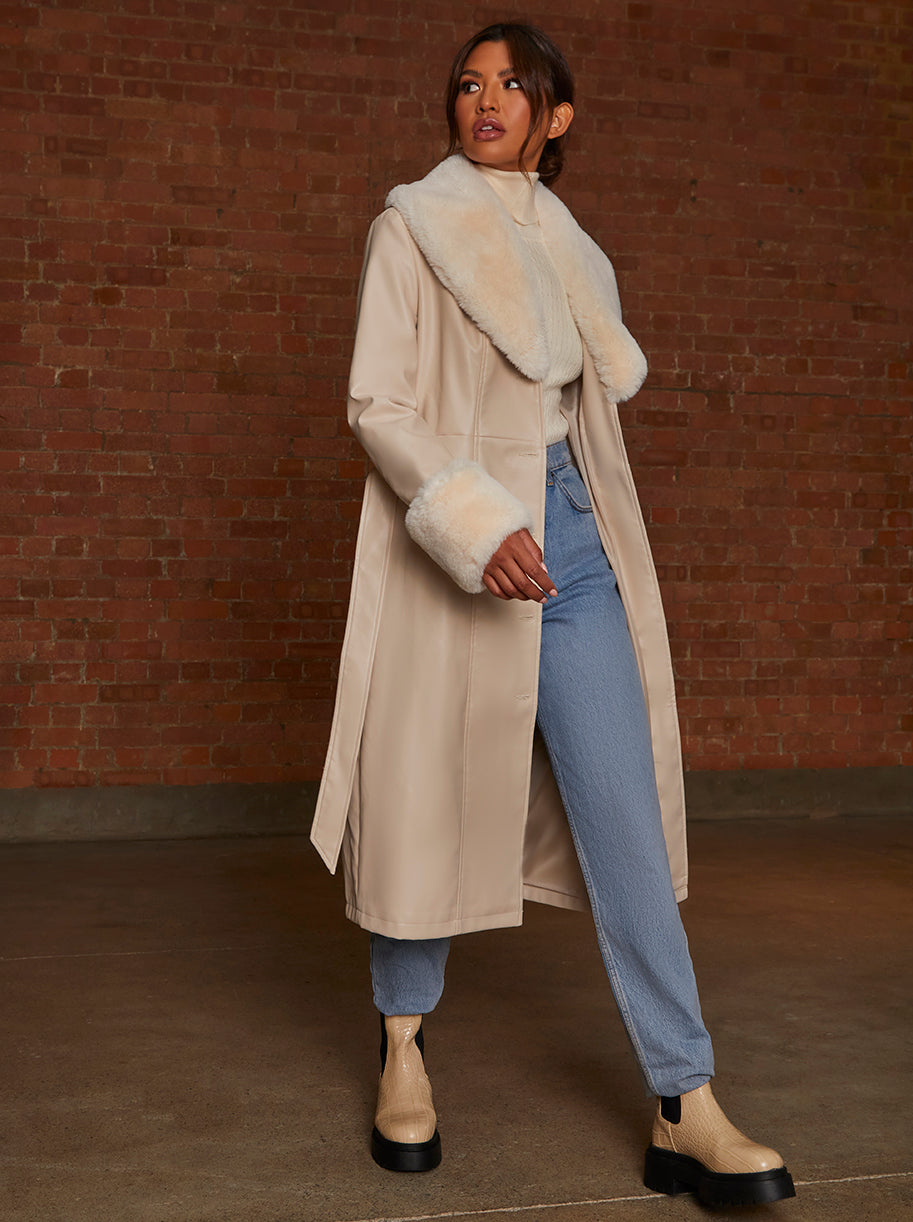Faux Leather Longline Coat with Faux Fur Trim in Taupe