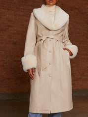 Faux Leather Longline Coat with Faux Fur Trim in Taupe