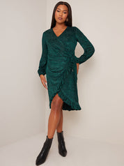 Plus Size Long Sleeve Animal Devore Wrap Dress in Green