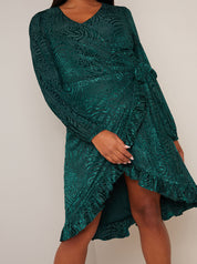 Plus Size Long Sleeve Animal Devore Wrap Dress in Green