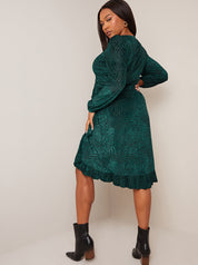 Plus Size Long Sleeve Animal Devore Wrap Dress in Green