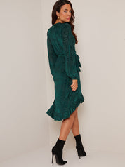 Long Sleeve Animal Print Devore Wrap Dress in Green