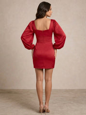 Balloon Sleeve Plunge Bodycon Dress in Red