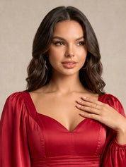 Balloon Sleeve Plunge Bodycon Dress in Red