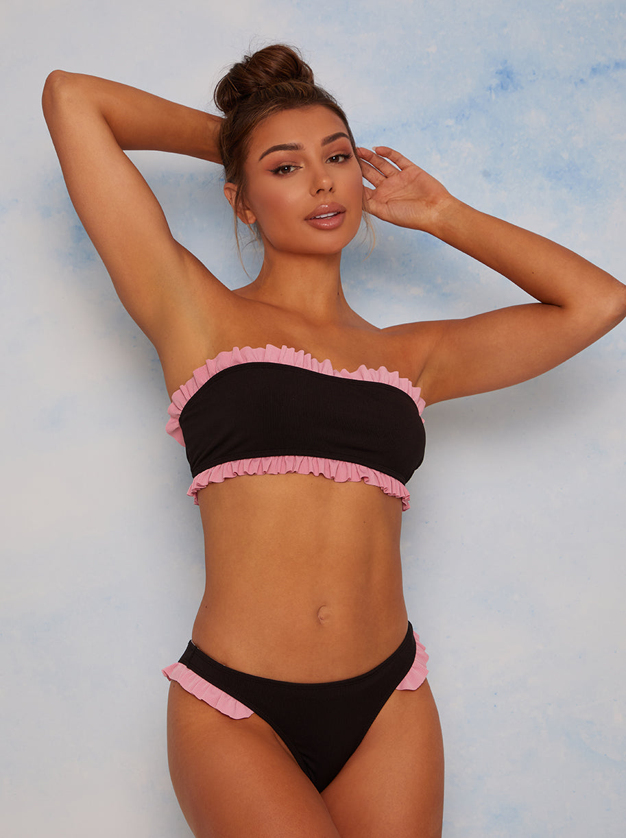 Frill Trim Bandeau Bikini Top in Black