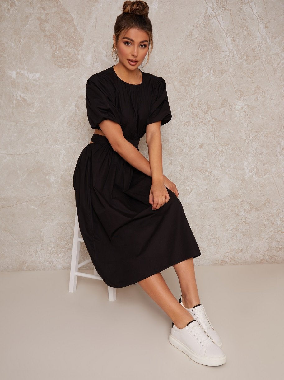 Open Back Puff Sleeve Midi Smock Dress in Black 16 Open Back Puff Sleeve Midi Smock Dress in Black 16