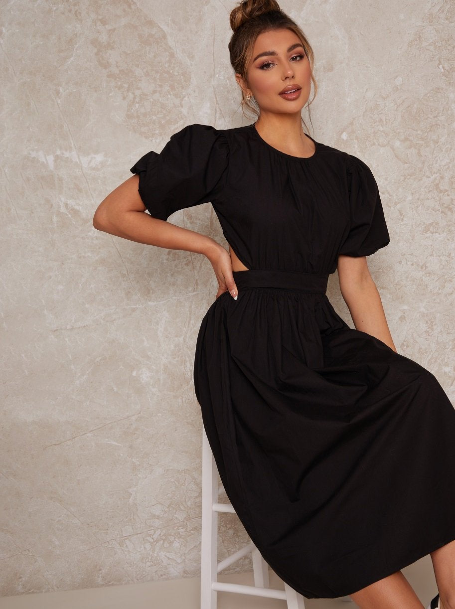 Open Back Puff Sleeve Midi Smock Dress in Black | Chi Chi London UK Open Back Puff Sleeve Midi Smock Dress in Black | Chi Chi London UK