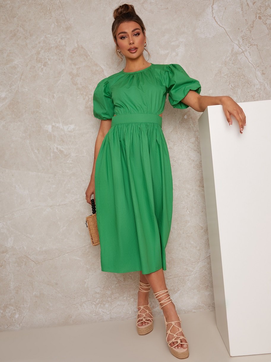 puff sleeve midi smock dress Smocked Puff-Sleeve Midi Dress in Floral