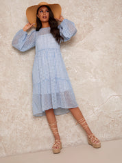 Gingham Balloon Sleeve Midi Dress in Blue