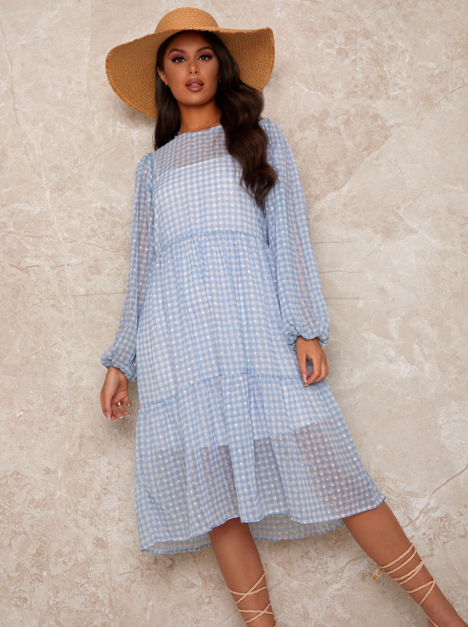 Gingham Balloon Sleeve Midi Dress in Blue