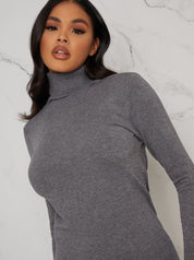 Polo Neck Rib Knit Mini Jumper Dress In Grey