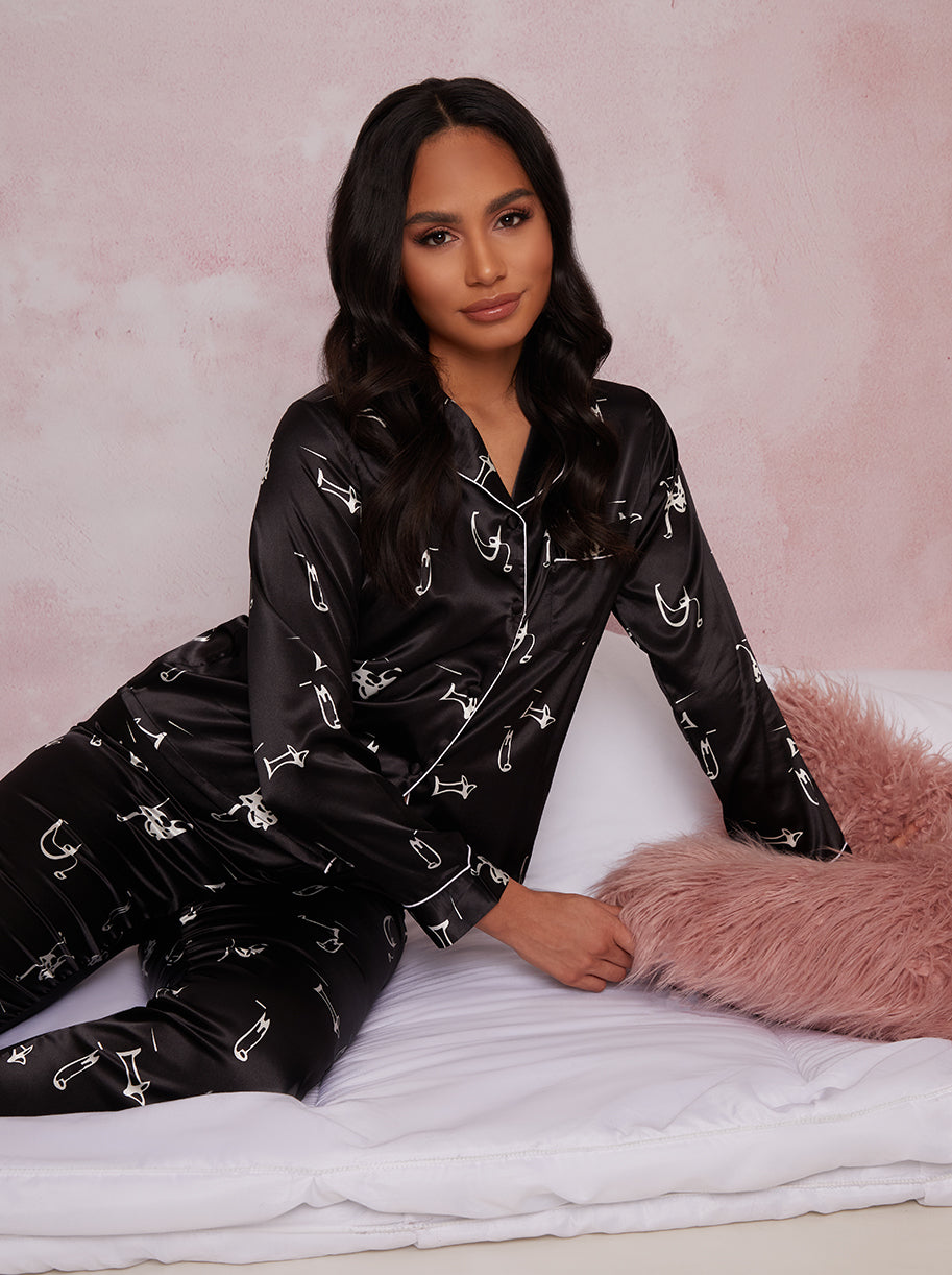 Long Sleeve Graphic Print Pyjamas in Black