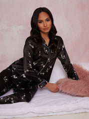 Long Sleeve Graphic Print Pyjamas in Black