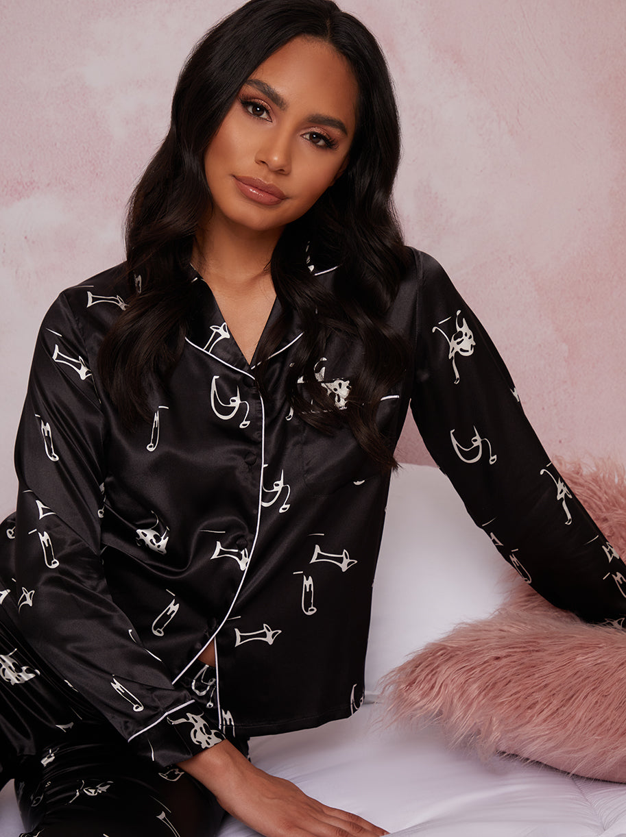 Long Sleeve Graphic Print Pyjamas in Black