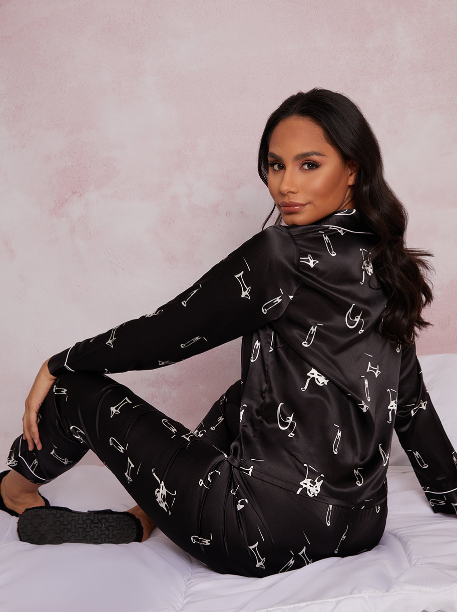 Long Sleeve Graphic Print Pyjamas in Black
