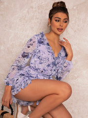 Ruffle Trim Floral Print Playsuit in Blue