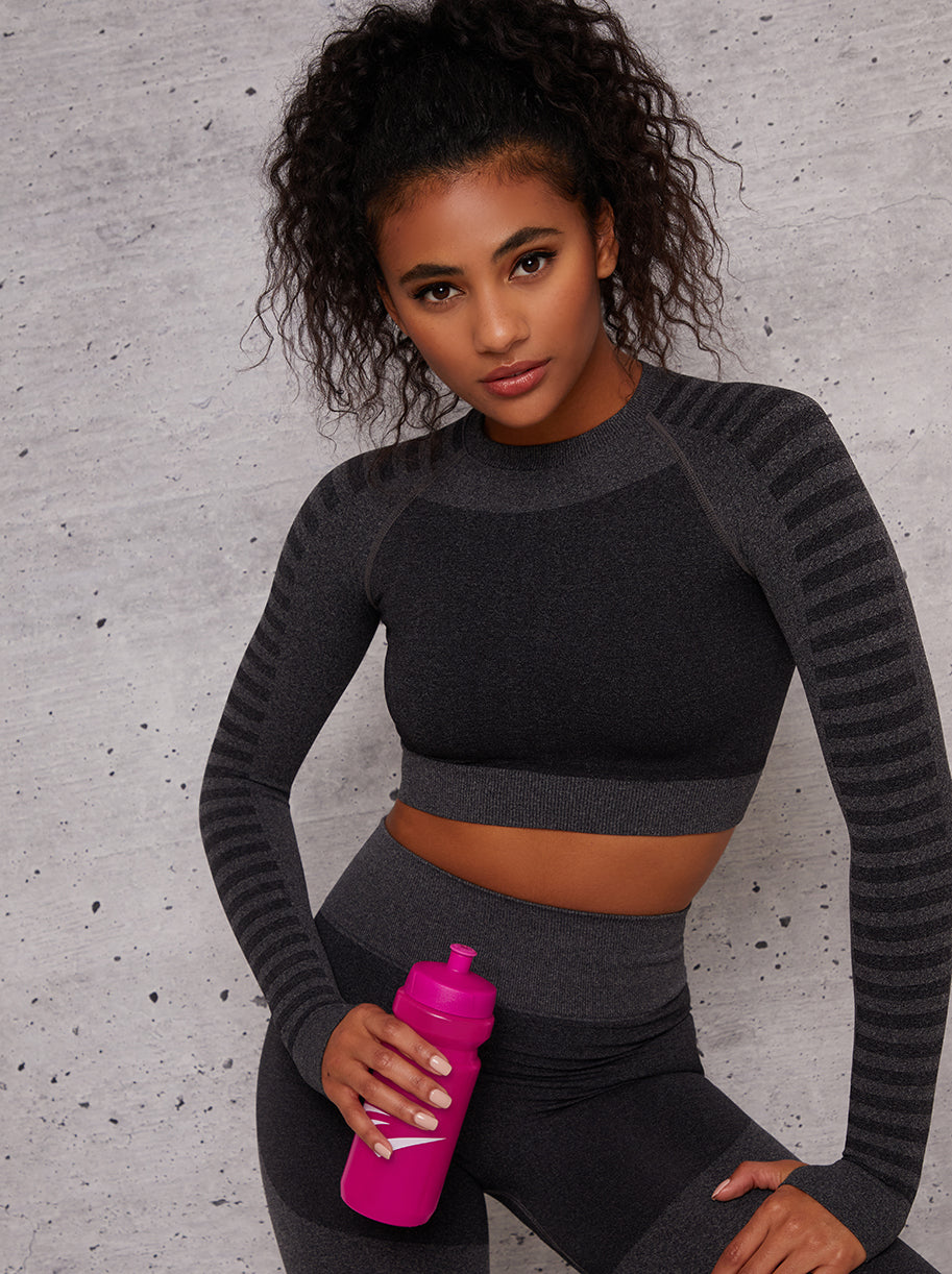 Long Sleeved Cropped Sports Top in Black