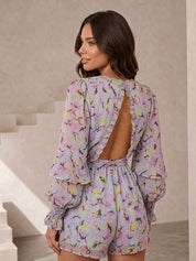 Long Sleeve Floral Playsuit in Grey