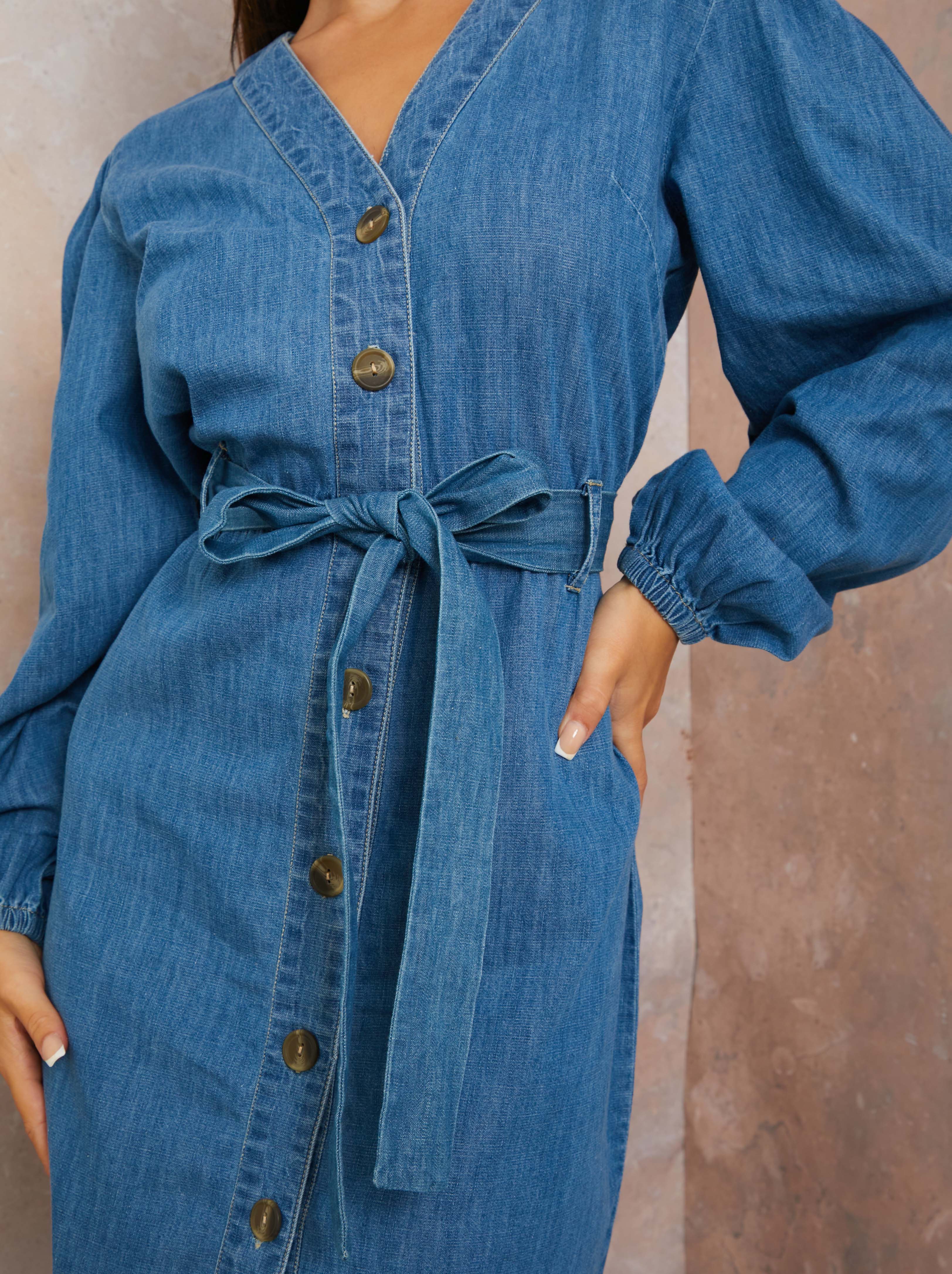 Long Sleeve Denim Shirt Dress in Blue