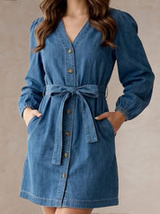 Long Sleeve Denim Shirt Dress in Blue
