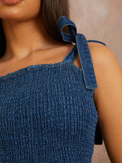 Shirred Detail Denim Playsuit in Blue