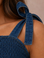 Shirred Detail Denim Playsuit in Blue