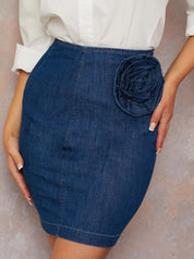 Rose Corsage Denim Mini Skirt in Blue