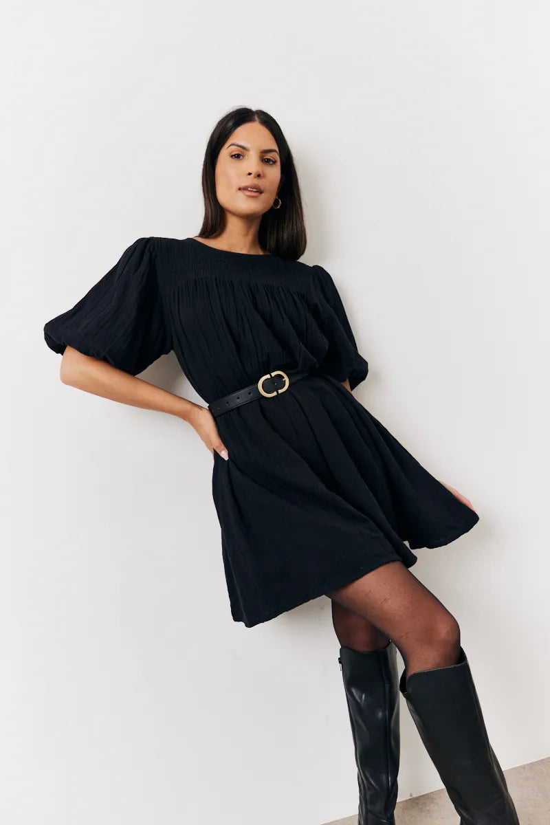 In The Style Recycled Textured Puff Sleeve Smock Mini Dress in Black