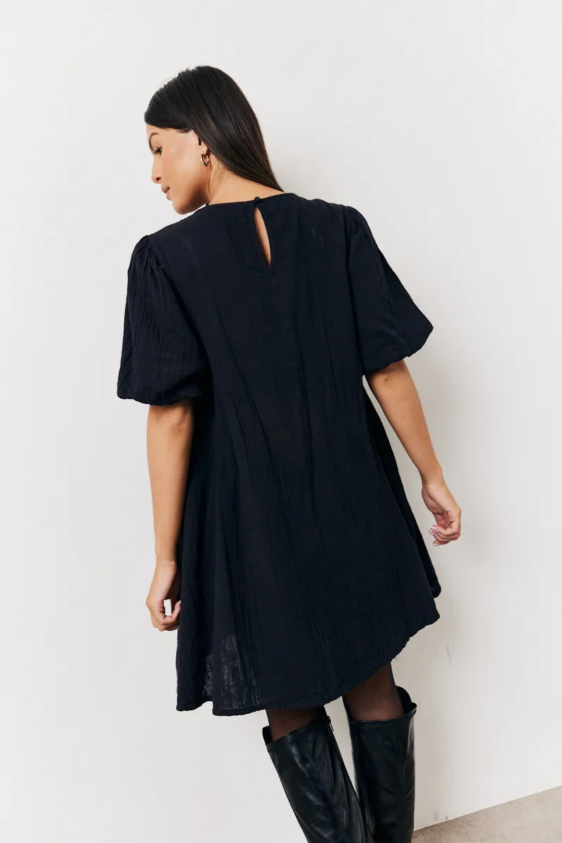 In The Style Recycled Textured Puff Sleeve Smock Mini Dress in Black